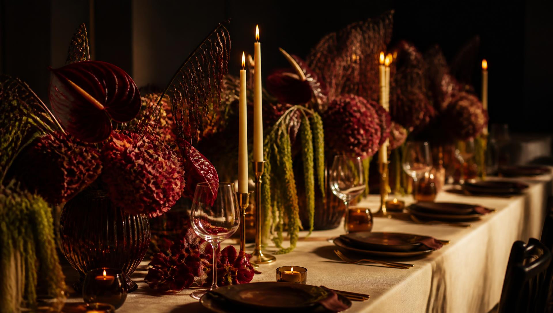 A candlelit table with deep red flowers prepared for guests