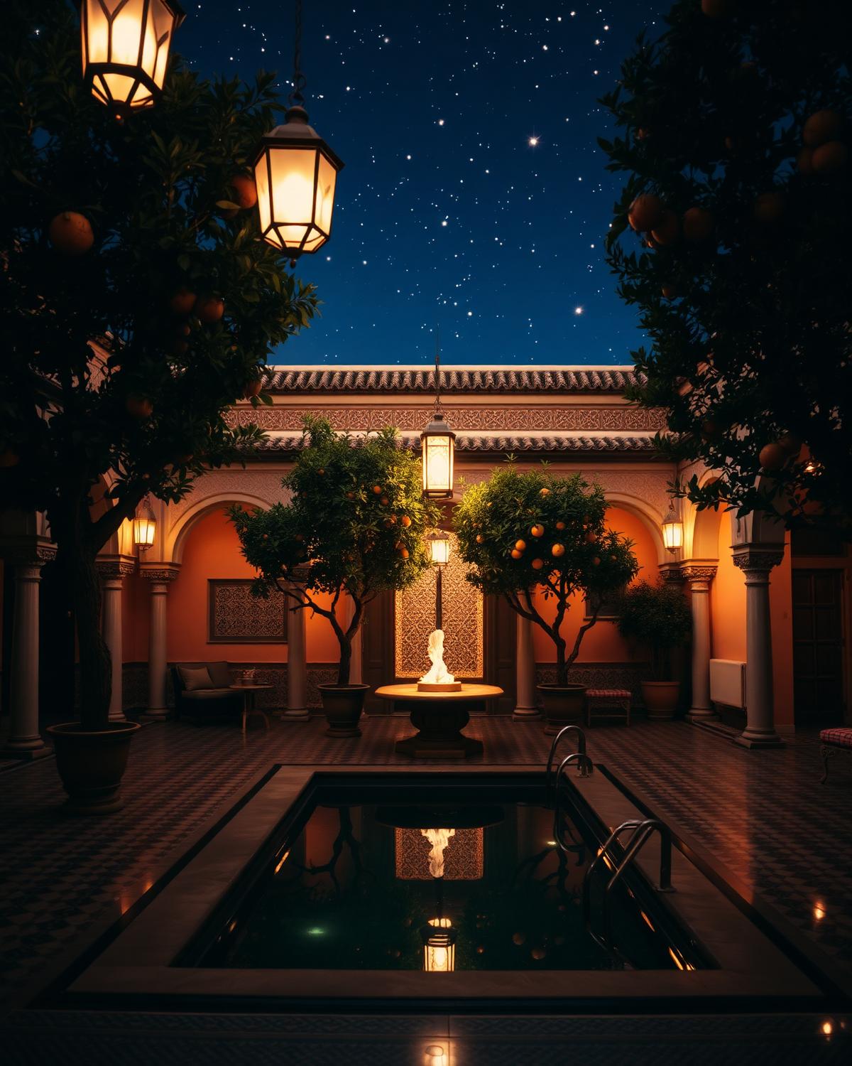 A riad courtyard in Marrakech at night
