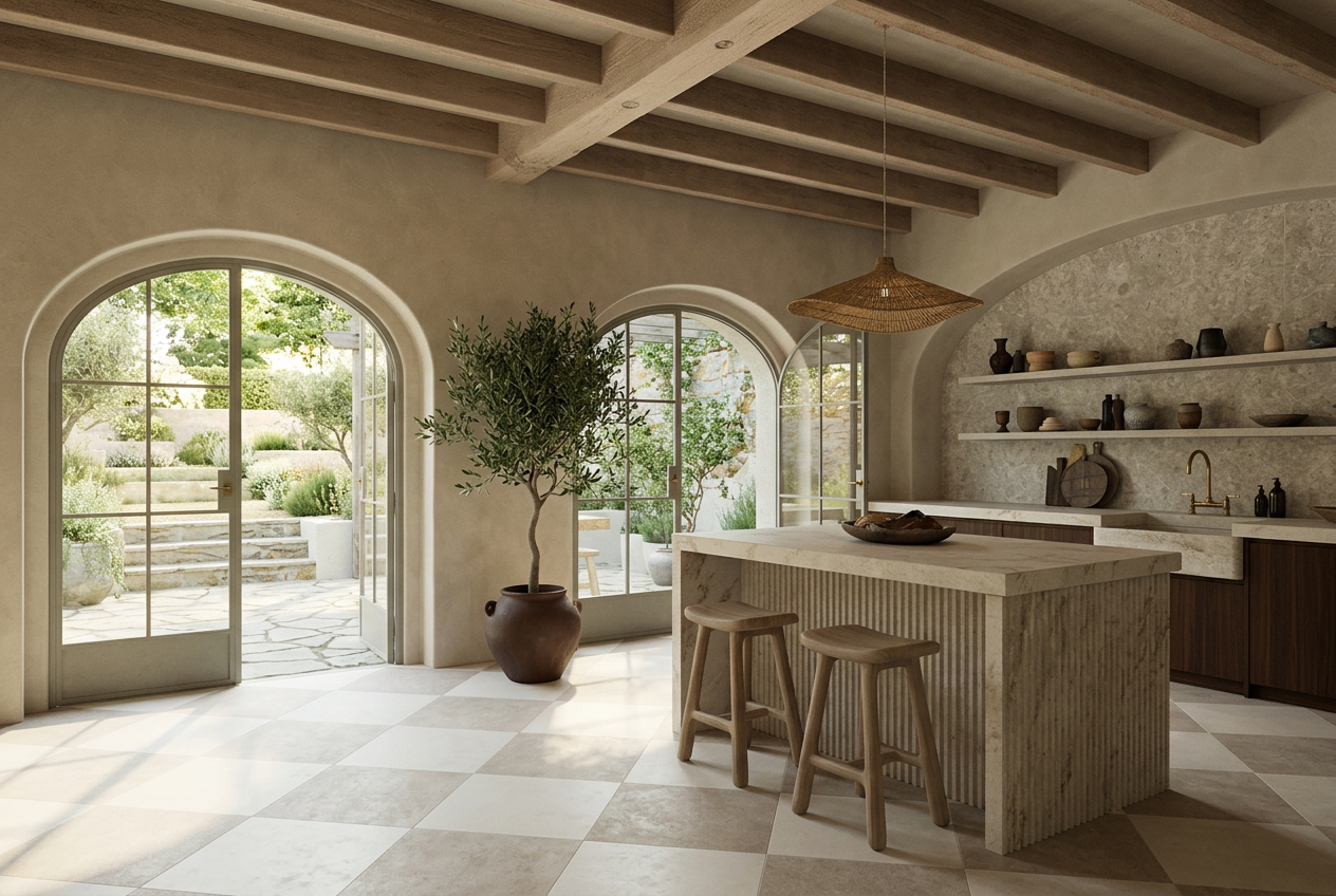 A softly lit plaster kitchen with arched doors, timber beams and a stone island